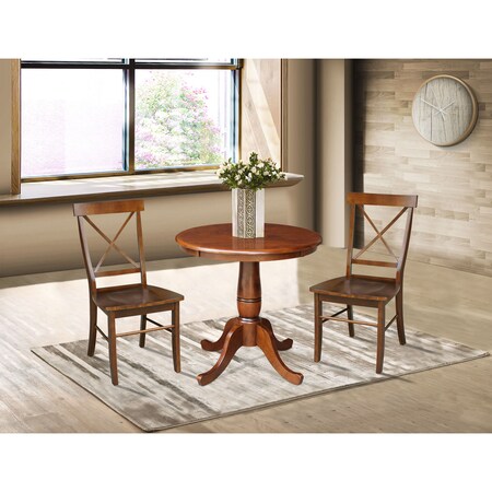 International Concepts Round 30 in Round Top Pedestal Table with 2 Chairs, Espresso, 30 in W, 30 in L, 29.1 in H, Wood K581-30RT-C613-2